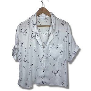 ABOUND | Black and White Celestial Print Short Sleeve Cropped Blouse | Size L